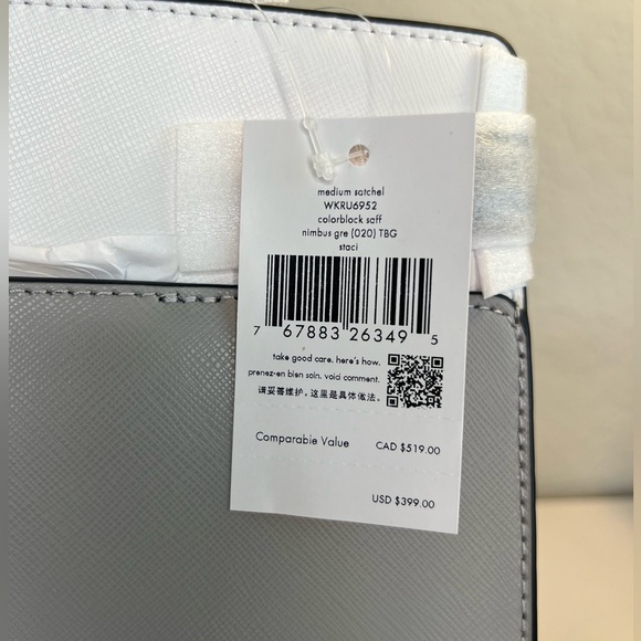 NWT ♠️ Kate Spade Medium Staci Satchel Colorblock Nimbus Grey with Pom - Picture 6 of 11
